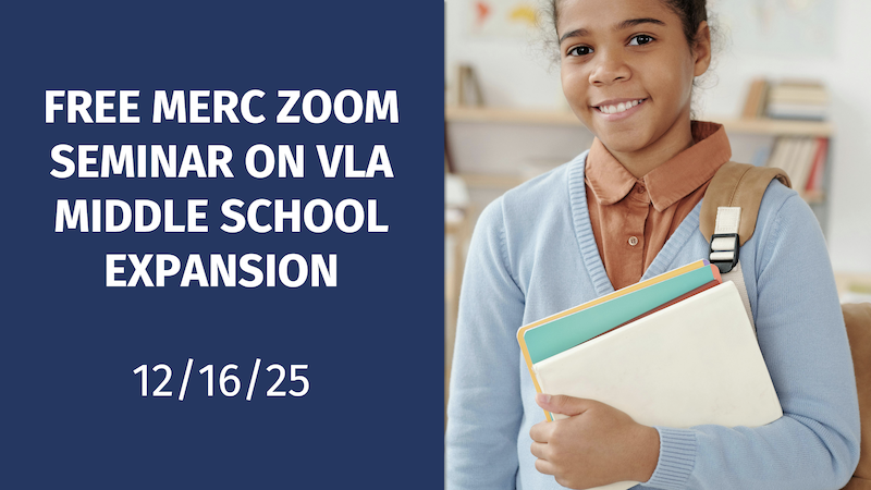 A banner image of a girl holding a notebook to advertise for a MERC seminar focused on the Virginia Literacy Act expansion into middle schools